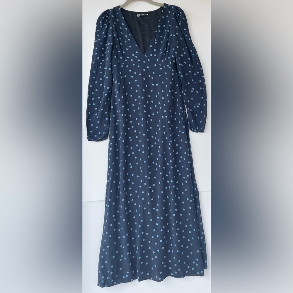 ZARA Navy Blue White Polka Dot Linen Blend Midi Dress Size S Summer Cottagecore